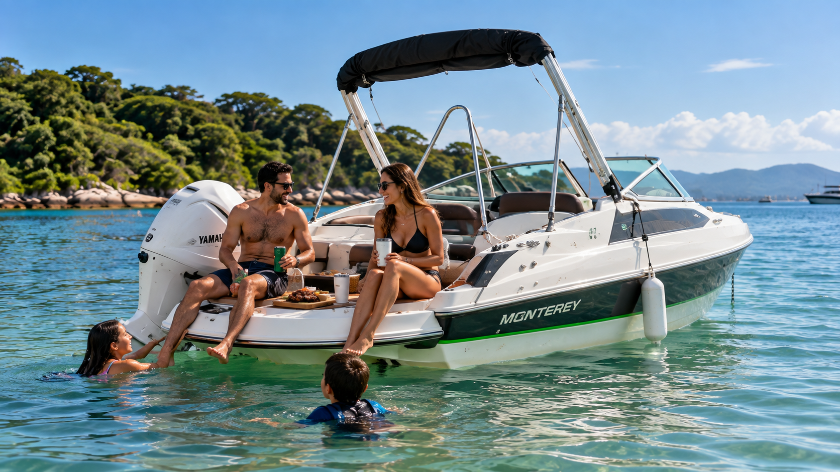 Família aproveitando a lancha em mar calmo